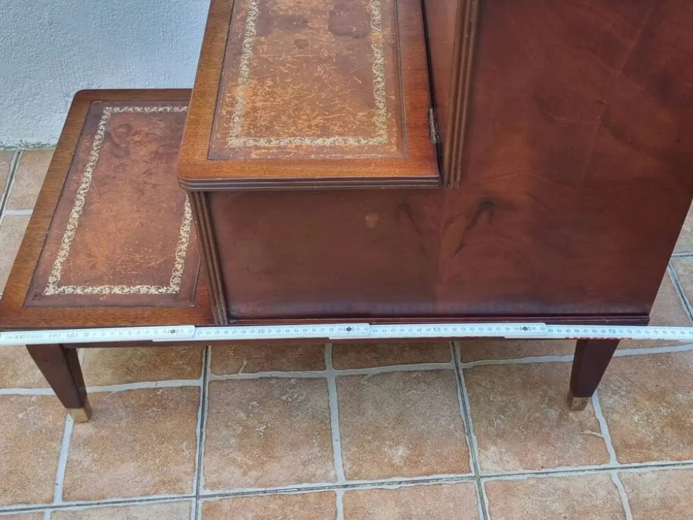 Escalier bibliothèque vintage style anglais, coffre, bois et cuir, 67 cm