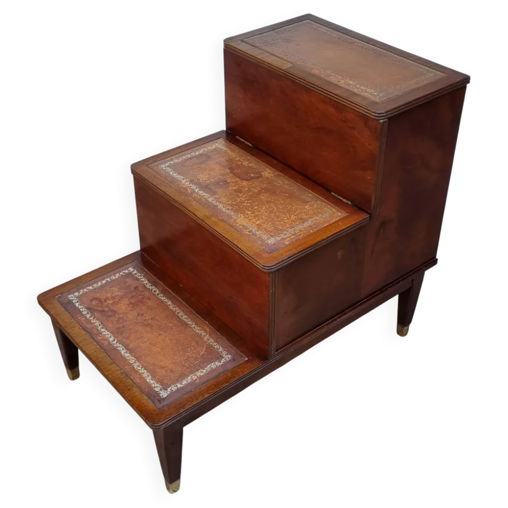 Escalier bibliothèque vintage style anglais, coffre, bois et cuir, 67 cm