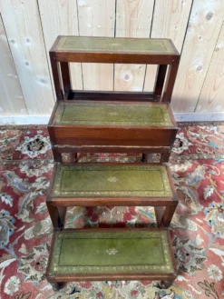 Escalier de bibliothèque anglais XIXe siècle, cuir vert doré