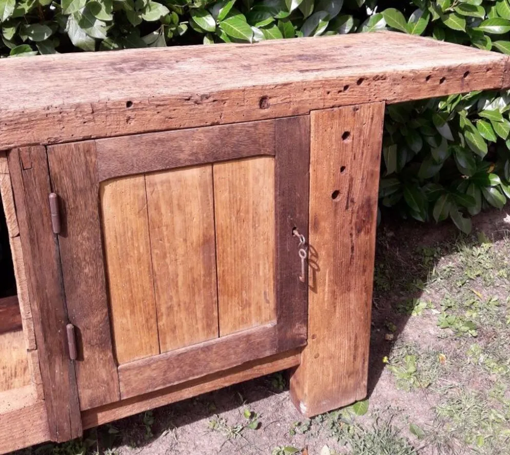 Etabli d’atelier L261xP50xH80,5cm ancien en hêtre
