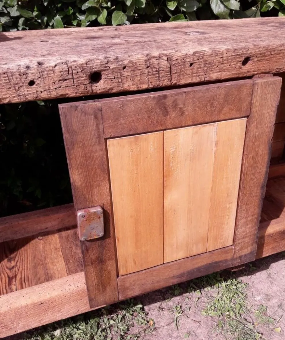 Etabli d’atelier L261xP50xH80,5cm ancien en hêtre