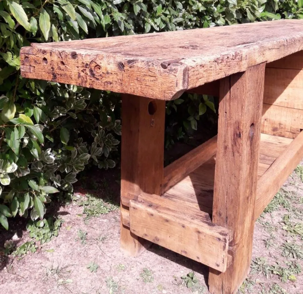 Etabli d’atelier L261xP50xH80,5cm ancien en hêtre