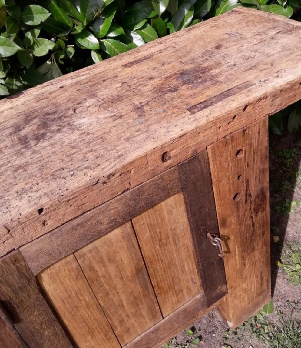 Etabli d’atelier L261xP50xH80,5cm ancien en hêtre
