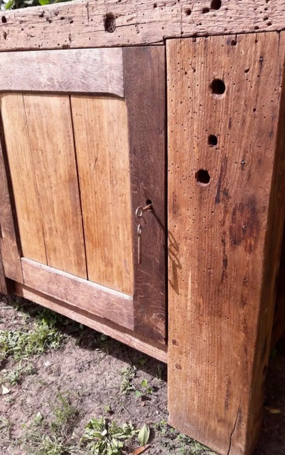 Etabli d’atelier L261xP50xH80,5cm ancien en hêtre