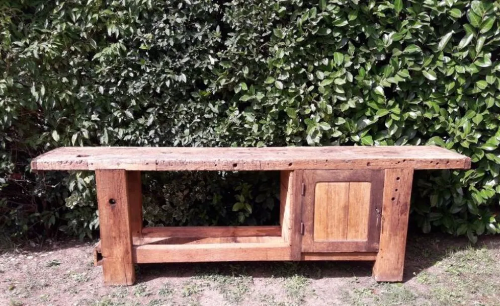 Etabli d’atelier L261xP50xH80,5cm ancien en hêtre