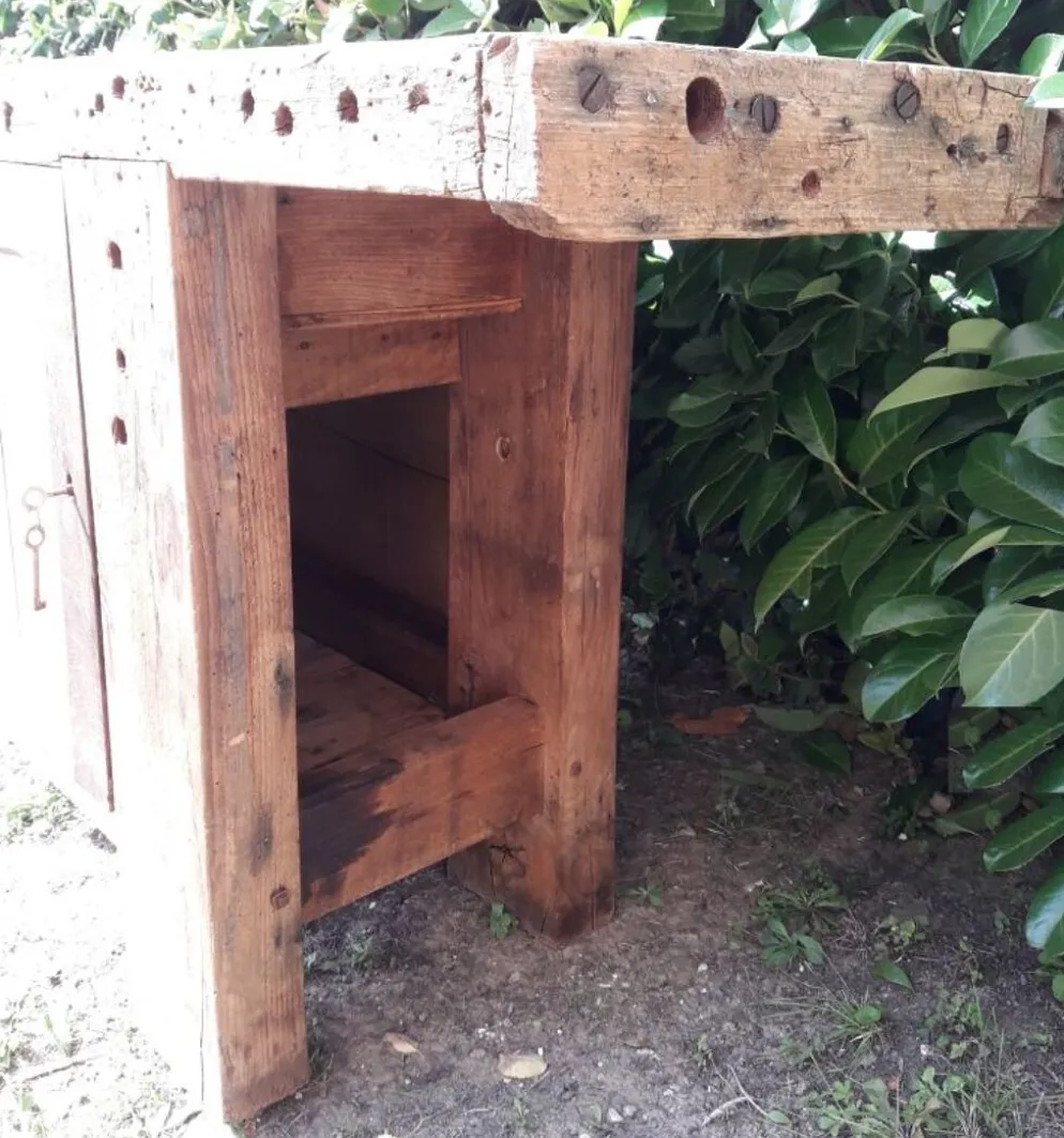 Etabli d’atelier L261xP50xH80,5cm ancien en hêtre