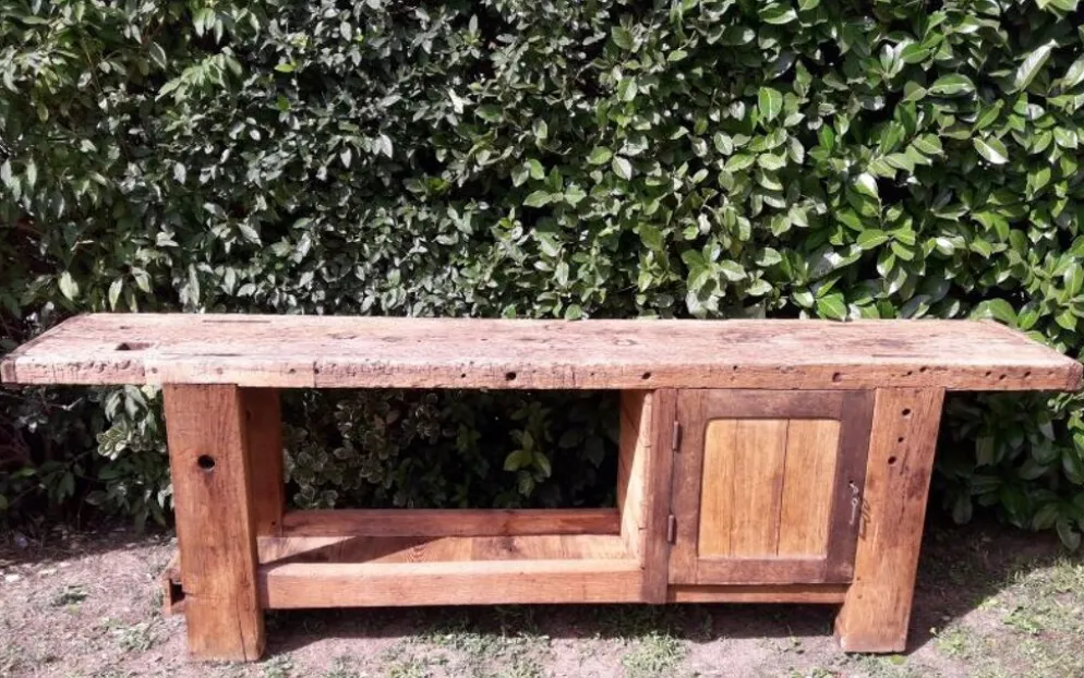 Etabli d’atelier L261xP50xH80,5cm ancien en hêtre