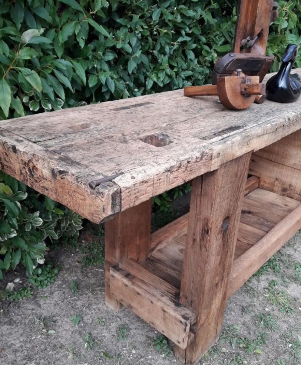 Etabli d’atelier L261xP50xH80,5cm ancien en hêtre