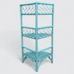 Etagère d’angle en rotin turquoise vintage 1960