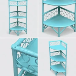 Etagère d’angle en rotin turquoise vintage 1960