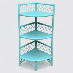 Etagère d’angle en rotin turquoise vintage 1960