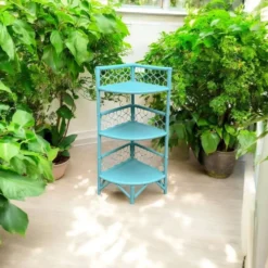 Etagère d’angle en rotin turquoise vintage 1960