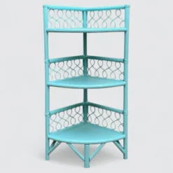Etagère d’angle en rotin turquoise vintage 1960