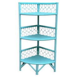 Etagère d’angle en rotin turquoise vintage 1960