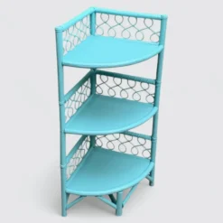 Etagère d’angle en rotin turquoise vintage 1960