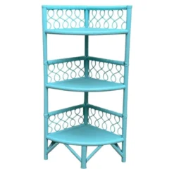 Etagère d’angle en rotin turquoise vintage 1960