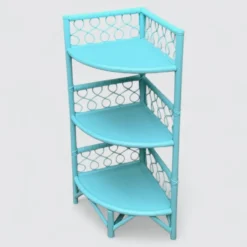 Etagère d’angle en rotin turquoise vintage 1960