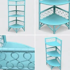 Etagère d’angle en rotin turquoise vintage 1960
