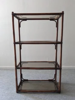Etagère en bambou teinté et verre fumé, France vers 1970