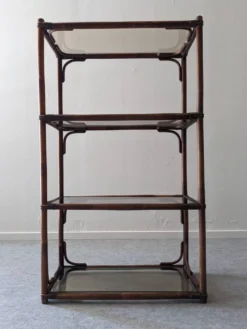 Etagère en bambou teinté et verre fumé, France vers 1970