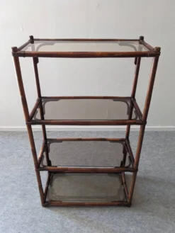 Etagère en bambou teinté et verre fumé, France vers 1970