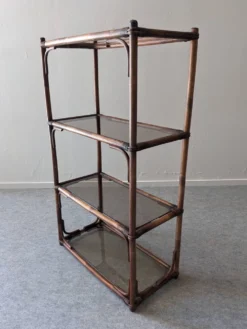 Etagère en bambou teinté et verre fumé, France vers 1970