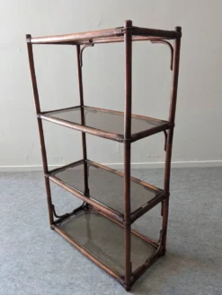 Etagère en bambou teinté et verre fumé, France vers 1970