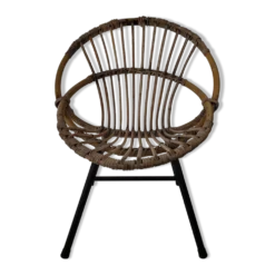 Fauteuil enfant rotin et métal années 60