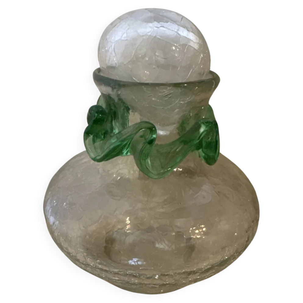 Flacon carafe vintage en verre craquelé et collerette verte MCM – Années 50