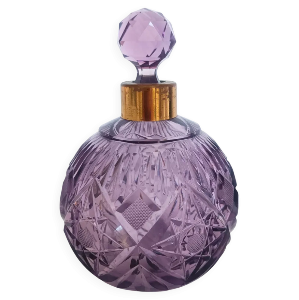Flacon de parfum en cristal taillé à la main et laiton, couleur lilas, Italie