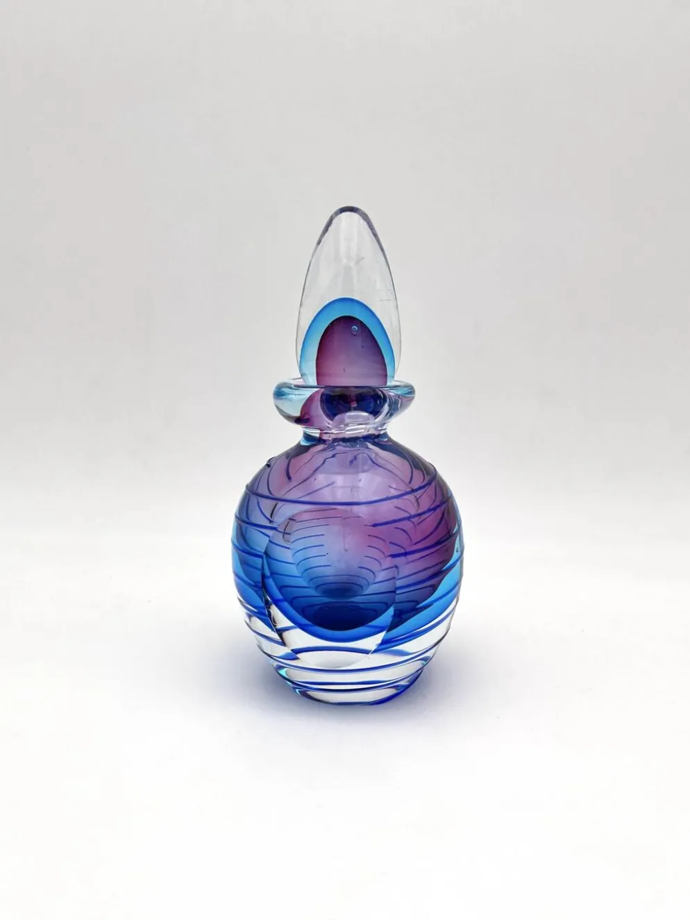 Flacon Parfum Murano Sommerso Signé Filets Verre Faces Polies 19cm