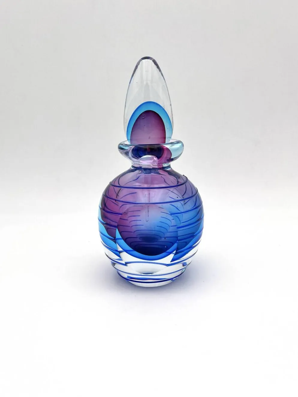 Flacon Parfum Murano Sommerso Signé Filets Verre Faces Polies 19cm