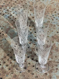 6 flûtes à champagne en verre et cristal ciselé transparent vintage