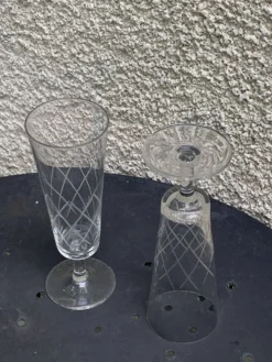 6 flûtes à champagne en verre et cristal ciselé transparent vintage