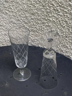 6 flûtes à champagne en verre et cristal ciselé transparent vintage