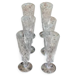 6 flûtes à champagne en verre et cristal ciselé transparent vintage