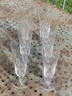 6 flûtes à champagne en verre et cristal ciselé transparent vintage