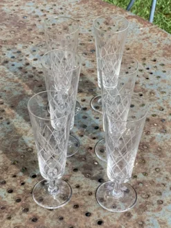 6 flûtes à champagne en verre et cristal ciselé transparent vintage