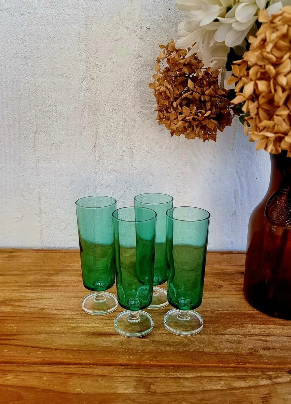 4 flûtes à champagne Luminarc Cavalier vertes vintage années 70