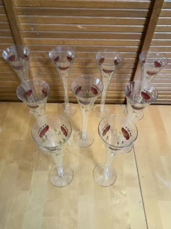 9 flûtes à champagne vintage en verre fin décor floral peint à la main