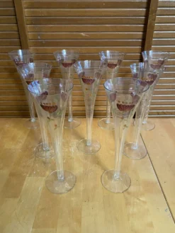 9 flûtes à champagne vintage en verre fin décor floral peint à la main