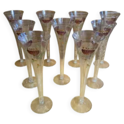 9 flûtes à champagne vintage en verre fin décor floral peint à la main