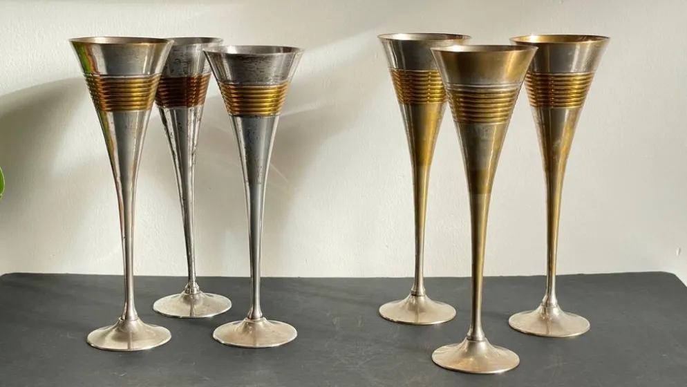 6 Flutes Champagne Laiton Argenté Vintage
