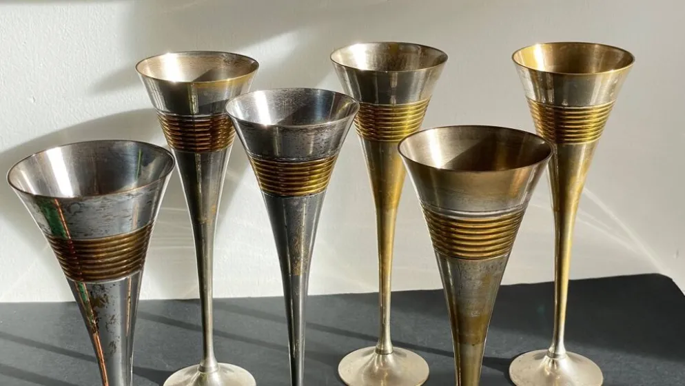 6 Flutes Champagne Laiton Argenté Vintage