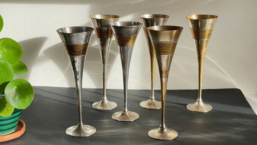 6 Flutes Champagne Laiton Argenté Vintage