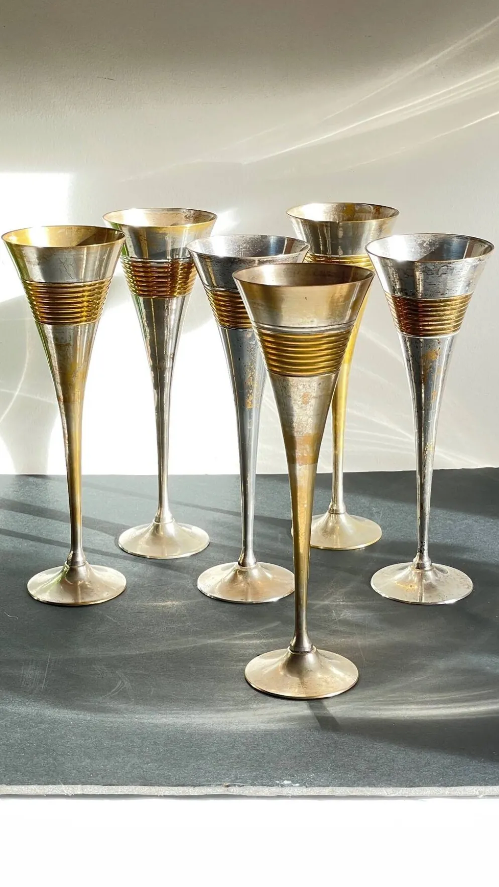 6 Flutes Champagne Laiton Argenté Vintage