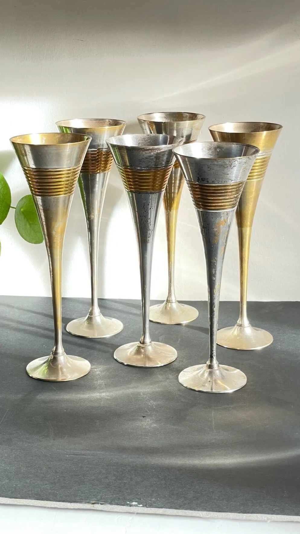 6 Flutes Champagne Laiton Argenté Vintage
