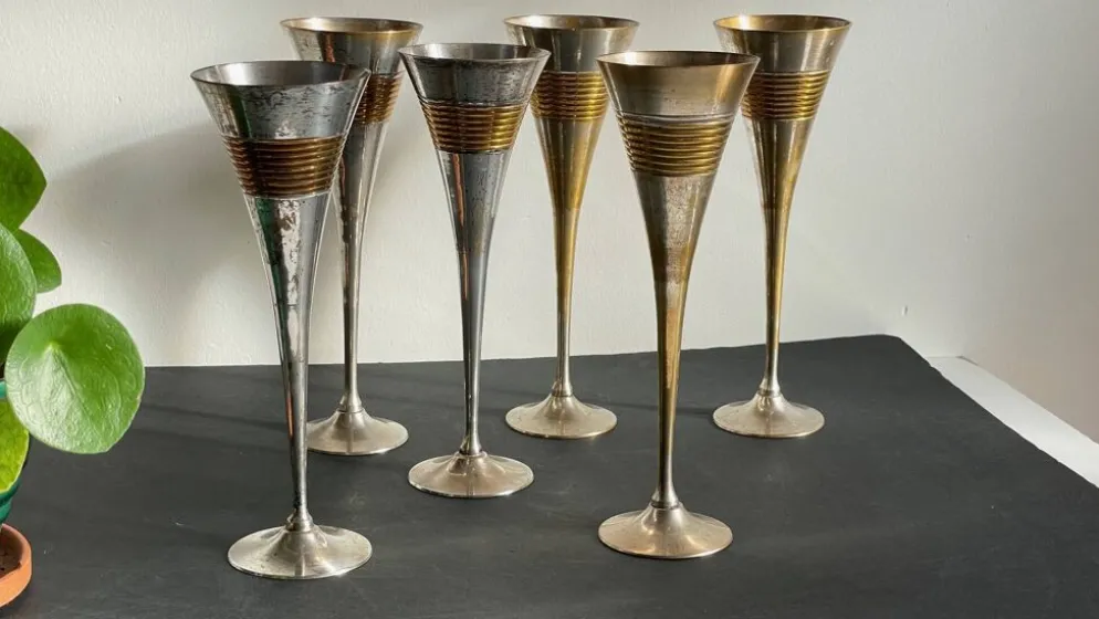 6 Flutes Champagne Laiton Argenté Vintage