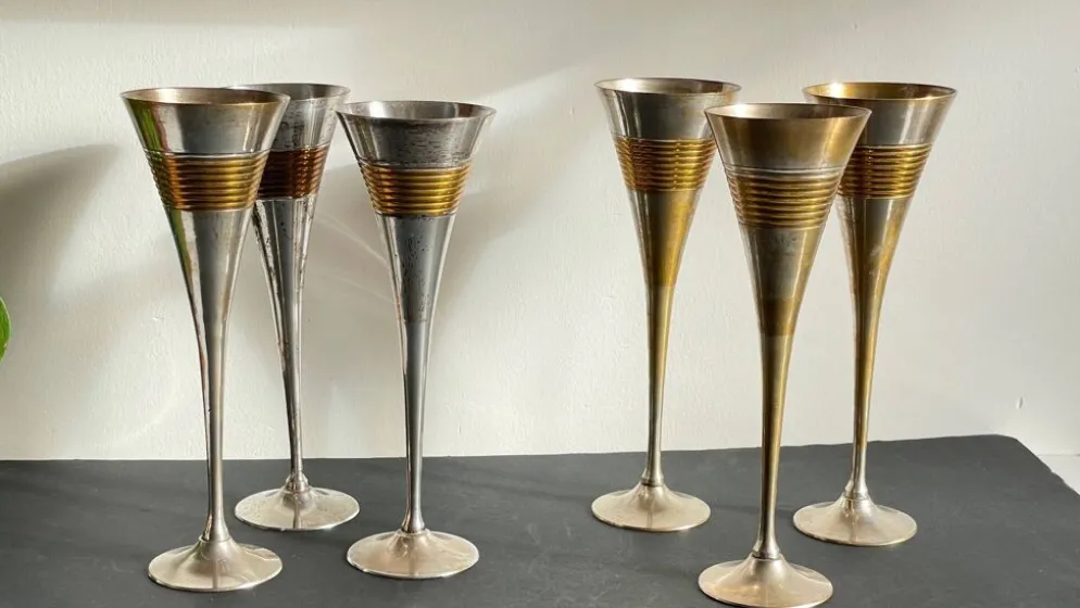 6 Flutes Champagne Laiton Argenté Vintage