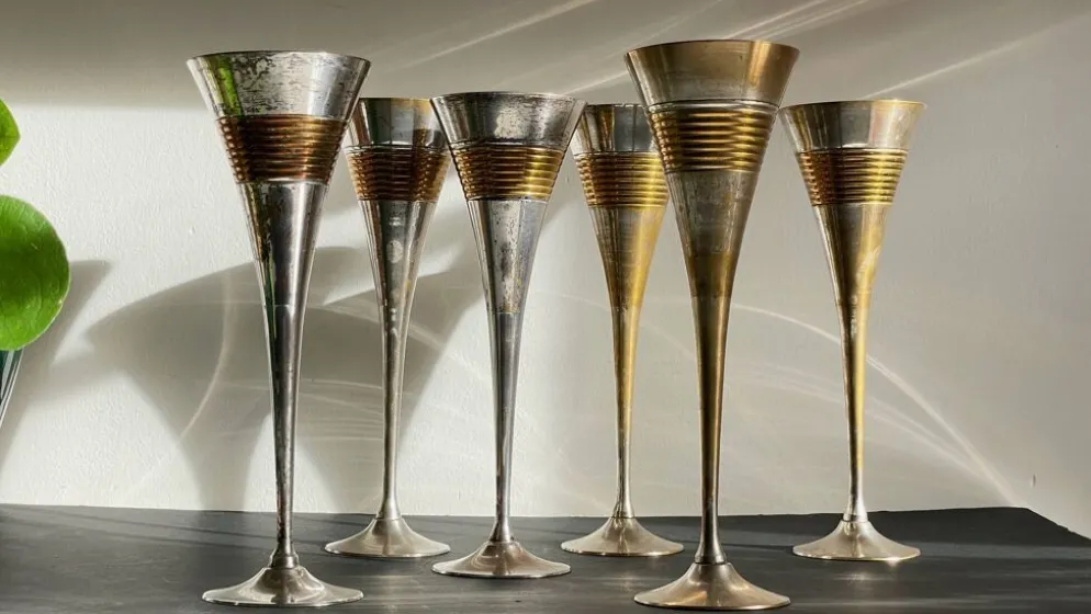 6 Flutes Champagne Laiton Argenté Vintage